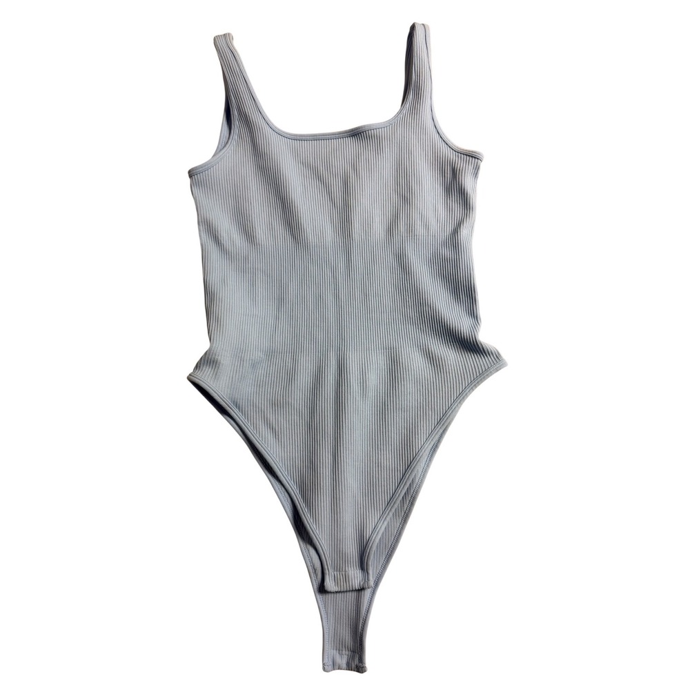OQQ Womens Light Blue Ribbed Bodysuit Scoop Neck High Cut Thong Snap Medium
